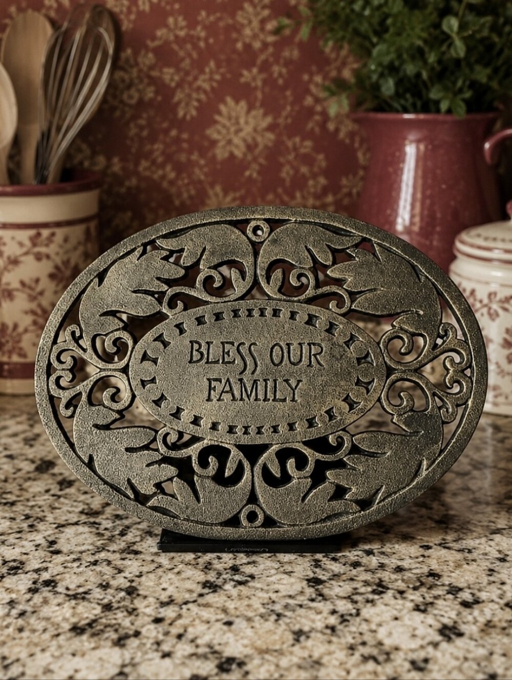 TRIVET Heavy Cast Metal Footed BLESS OUR FAMILY Serving Hot Plate Large NEW